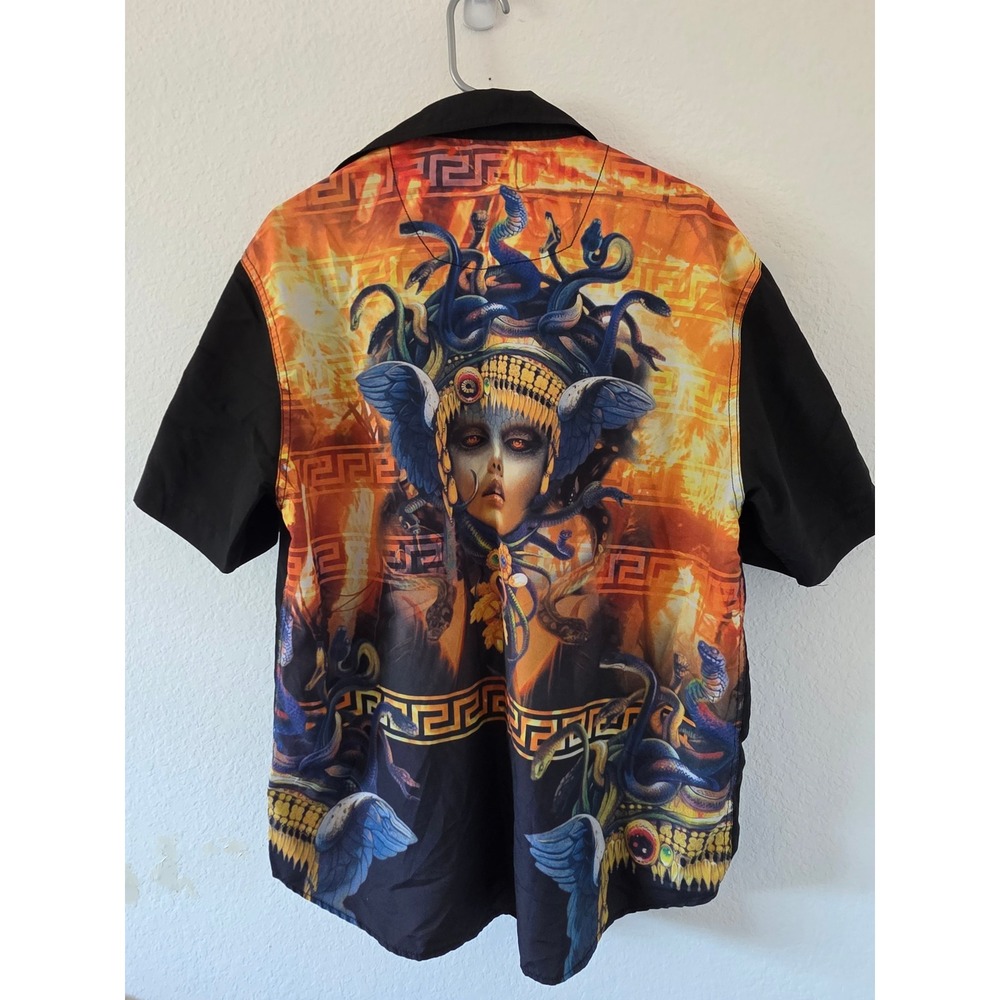 Akademiks Mens XL Black Medusa Graphic Short Sleeve Button Up Shirt Streetwear - Picture 5 of 7